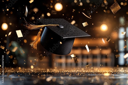 Celebrating Academic Achievement With a Graduation Cap and Confetti Falling i...