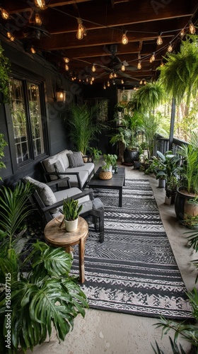 Cozy Outdoor Living Space With Plants and String Lights Creates Inviting Atmo...
