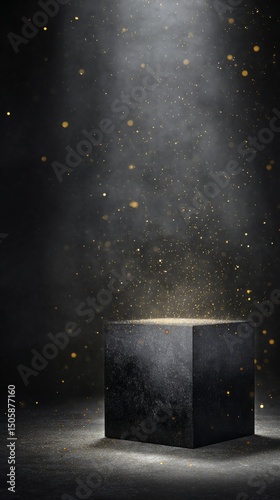 Illuminated Black Pedestal With Golden Particles Floating in Dark Space.