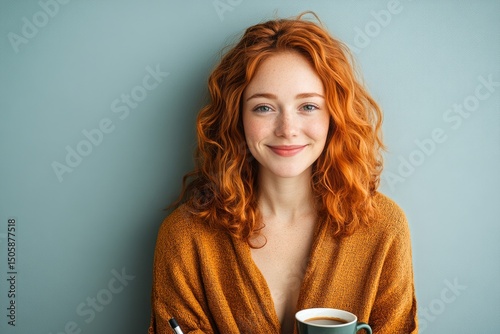 Red-haired Woman Enjoying a Warm Beverage in a Cozy Indoor Setting With a Sof...