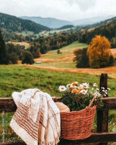 Cozy Basket With Blanket and Flowers on a Wooden Fence in a Serene Countrysid...