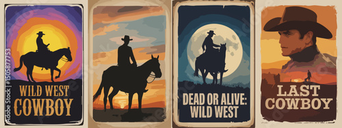 Epic Wild West Cowboy Posters – Rodeo, Lone Riders, Moonlit Cliffs & Gunslingers in Bold Silhouette Western Style	
