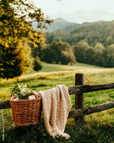 Cozy Basket With Blanket and Flowers on a Wooden Fence in a Serene Countrysid...