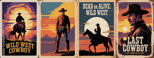Epic Wild West Cowboy Posters – Rodeo, Lone Riders, Moonlit Cliffs & Gunslingers in Bold Silhouette Western Style	