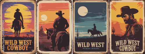 Epic Wild West Cowboy Posters – Rodeo, Lone Riders, Moonlit Cliffs & Gunslingers in Bold Silhouette Western Style	