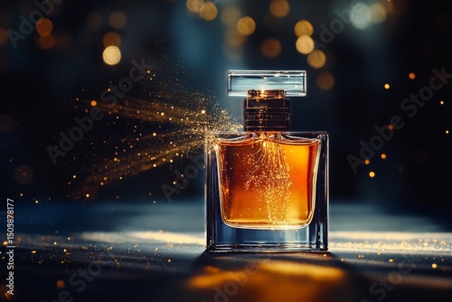Elegant Perfume Bottle With Sparkling Particles Captured in Low Light Setting