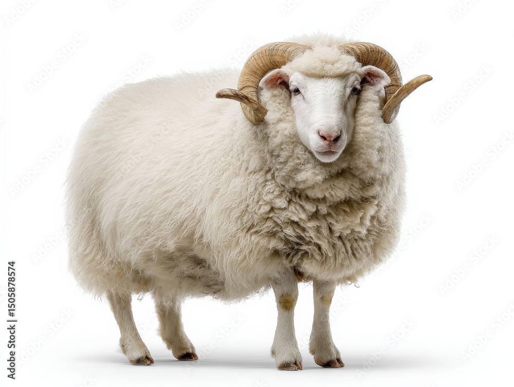 Fototapeta premium Majestic ram with thick, fluffy fleece and large horns, standing against a white background.