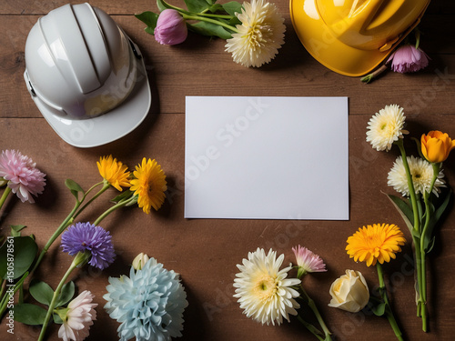 Top down view of blank cards, fresh flowers, and a construction worker’s helmet on wood background, Labor Day