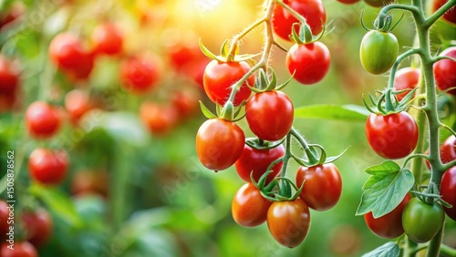 Fresh little red cherry tomatoes growing on a vine in a lush green garden