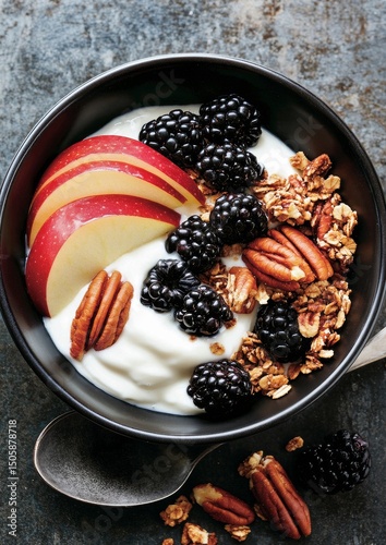 Healthy Yogurt Bowl With Fresh Fruits and Granola Served on a Dark Surface.