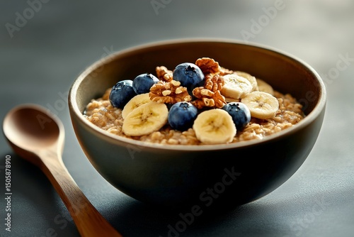 Healthy Breakfast Bowl With Oatmeal, Bananas, Blueberries, and Walnuts in a R...