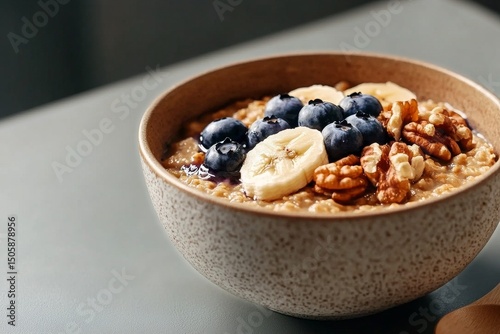 Healthy Breakfast Bowl With Oatmeal, Bananas, Blueberries, and Walnuts in a R...