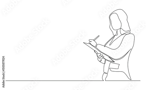 Continuous line drawing of female worker standing while write business note from mentor on paper notes. One single line sketch business woman workshop concept. vector illustration editable stroke