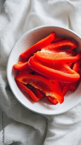 Sliced Red Bell Peppers Arranged in a White Bowl on a Light Cloth Background.