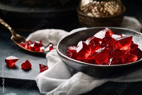Delicious Red Jelly Cubes Served in a Black Bowl With a Silver Spoon on a Dar...