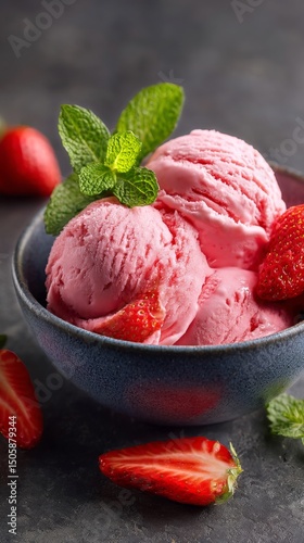 Strawberry Ice Cream Served in a Bowl With Fresh Strawberries and Mint Garnis...