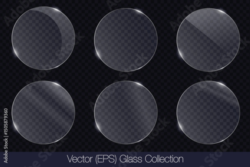 Realistic 3D glass transparent circle frame with glare, flat glass or plastic plate, flat transparent glass lens, realistic screen glass, window mockup, vector (EPS) illustration