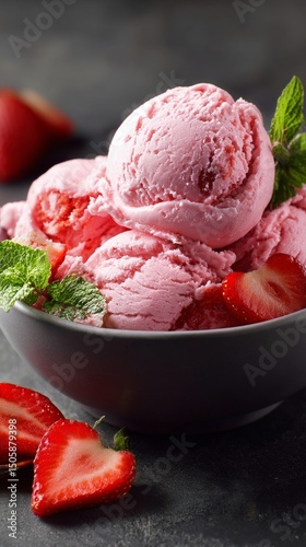 Delicious Strawberry Ice Cream Served in a Bowl With Fresh Fruit and Mint Lea...