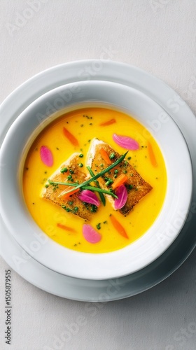 Delicious Carrot and Herb Soup Served in a White Bowl on a Clean Table Setting.
