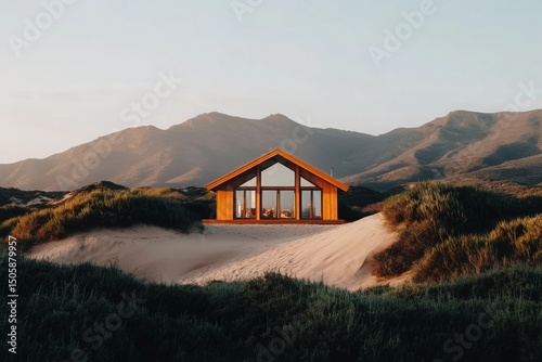 Cozy Wooden Cabin Surrounded by Dunes and Mountains During Sunset Near a Tran...