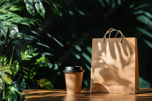 Coffee Cup and Takeout Bag Positioned on Wooden Table With Green Leaves in Ba...
