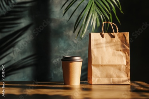Coffee Cup and Takeout Bag Positioned on Wooden Table With Green Leaves in Ba...