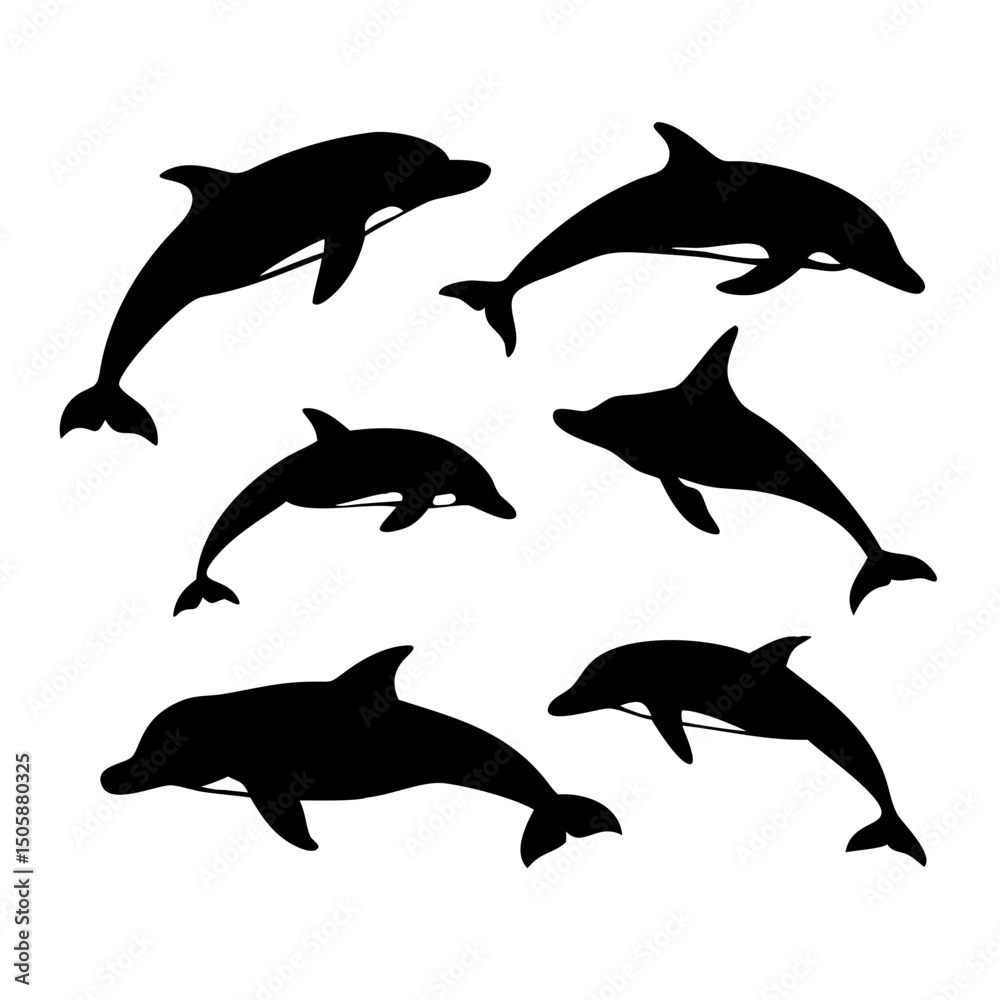 Fototapeta premium Set of Dolphins – Marine Animal Silhouettes and Vector Illustrations in Various Poses for Ocean Art, Sea Life Decor, Educational Resources, Wildlife Designs, and Nautical Graphic Projects