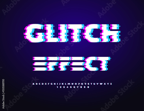 Vector Glitch Effect Alphabet. Bright Digital Letters and Numbers set. Distorted Pixel Font. 