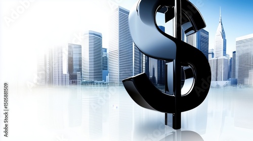 Dollar symbol stands in front of city skyline representing finance, economy, investment, growth, prosperity, and success