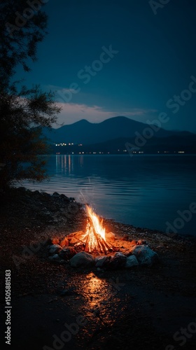 Campfire by the Lake During a Serene Twilight With Mountains in the Background