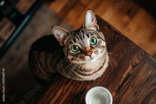 Striped Cat With Vibrant Green Eyes Gazing Upwards While Sitting on Wooden Table