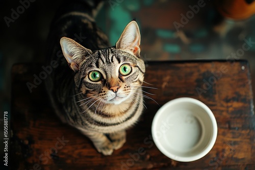Striped Cat With Vibrant Green Eyes Gazing Upwards While Sitting on Wooden Ta...