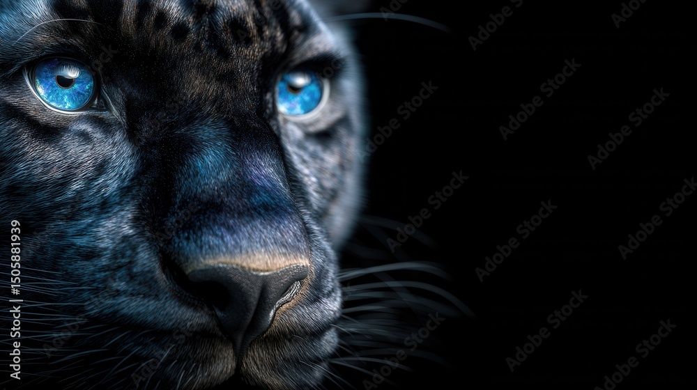 Obraz premium Close-up of a snow leopard's head with bright blue eyes against a black background