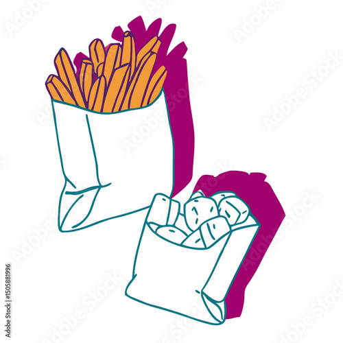Illustration: French Fries and Potato Nuggets in Bags