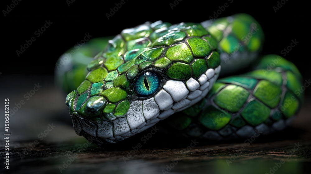 Close-up of a vibrant green snake with detailed scales and an intense gaze Close-up of a vibrant green snake with detailed scales and an intense gaze