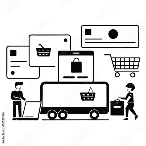 Shopping cart icon set with flat design vector symbols for web and mobile business technology illustration