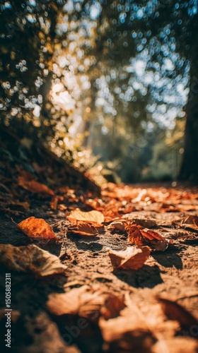 Autumn Leaves Cover a Forest Path in Golden Light During Early Evening Hours.