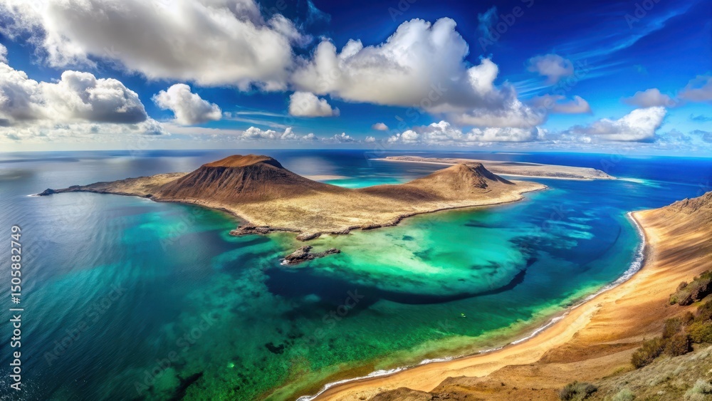Naklejka premium Breathtaking panoramic view of La Graciosa Island's volcanic landscape and turquoise ocean