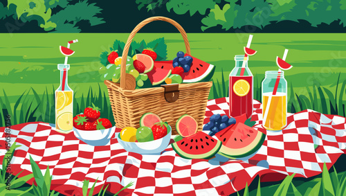 Delicious picnic setup with fruits, drinks, and a picnic basket on a checkered blanket