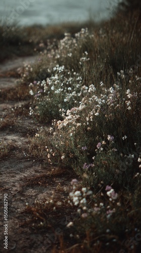 White Wildflowers Bloom Along a Misty Trail in a Serene Natural Setting.
