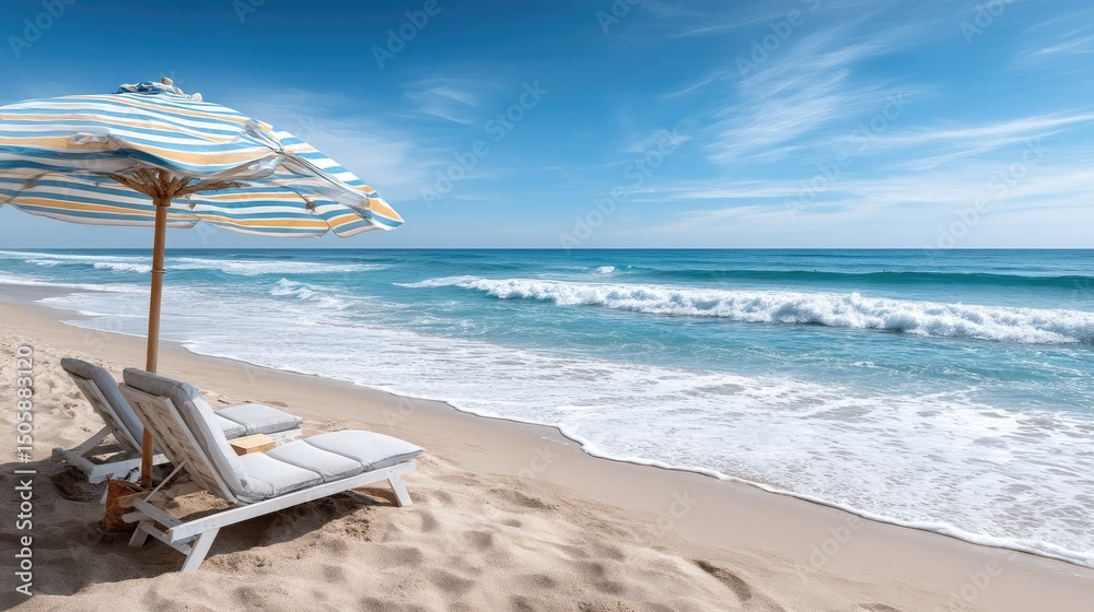 Obraz premium Colorful beach umbrellas on sandy shore create a vibrant summer atmosphere near the serene sea with plenty of space for personal reflections