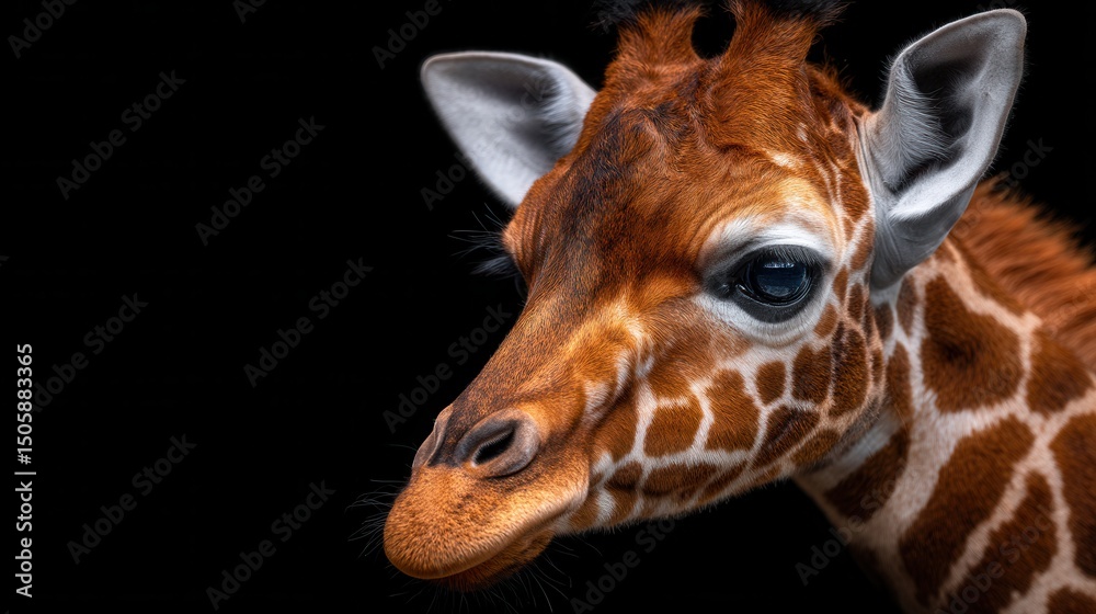 Obraz premium Close-up of a young giraffe's head and neck against a black backdrop