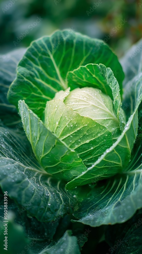Obraz premium Fresh Green Cabbage With Dew Drops in a Lush Garden During Early Morning Light.