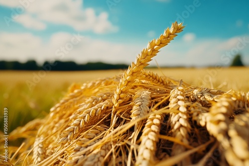 Golden Wheat Stalks Swaying in a Sunny Field During Late Afternoon With Blue ...