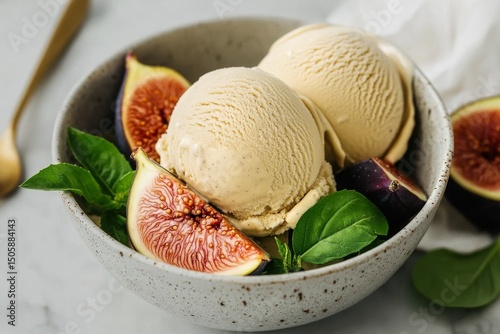 Delicious Ice Cream Served With Fresh Figs and Basil on a Light Background