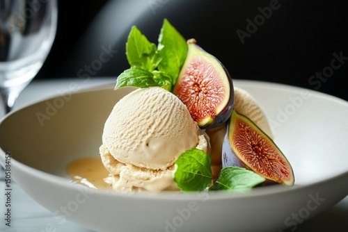 Delicious Ice Cream Served With Fresh Figs and Basil on a Light Background.