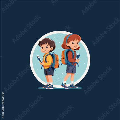 illustration of preschooler using backpack. for t-shirt design, brooch or logo