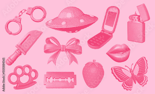 Bold pink pixel set with mix of sweet and dangerous. Knife, bow, phone, butterfly, strawberry, lips, handcuffs, razor. Perfect for Y2K collages, alternative aesthetic posters, and digital sticker set.