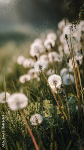 Dandelion Seeds Glisten in the Morning Light on a Spring Day in a Lush Green ...
