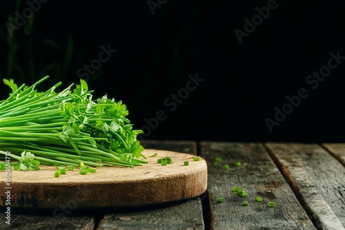 Fresh Green Herbs on a Wooden Cutting Board in a Rustic Kitchen Setting